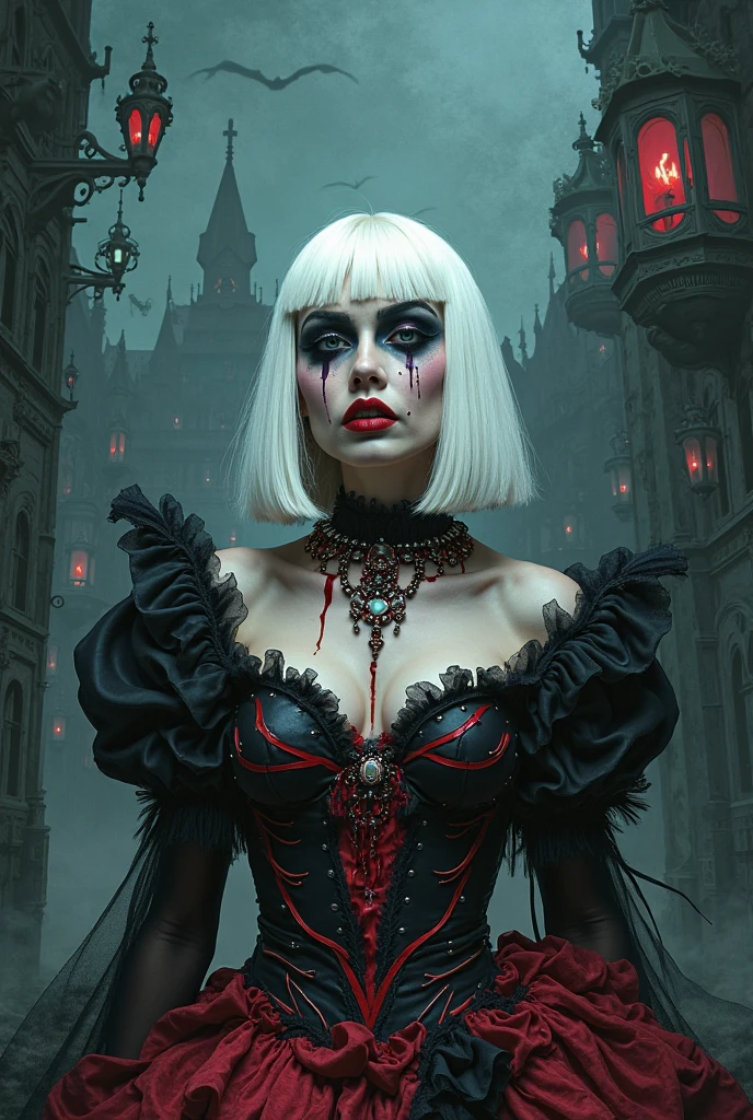 a  picture of extremely (beautiful (1) female vampire: 1.4) looking at (red MasterChef style cake: 1.5), an exquisite (1) beautiful vampire, full body, ultra feminineת (ultra detailed face: 1.2), blond hair, short hair, pale skin, red lips, blue eyes, (vampiric fangs: 1.2) wearing sexy white seductive latex dress, blood stains on the dress, looking at a red Bakeoff, award winning cake, 2 floors, decorated with red whipped cream, and artful stylish decorations, blood dripping from the cake, dark castle style kitchen background, dim candles light, dark fantasy art, gothic art, dynamic angle, best details, best quality, 16K, [ultra detailed], masterpiece, best quality, (ultra detailed), full body, ultra wide shot, photorealistic,