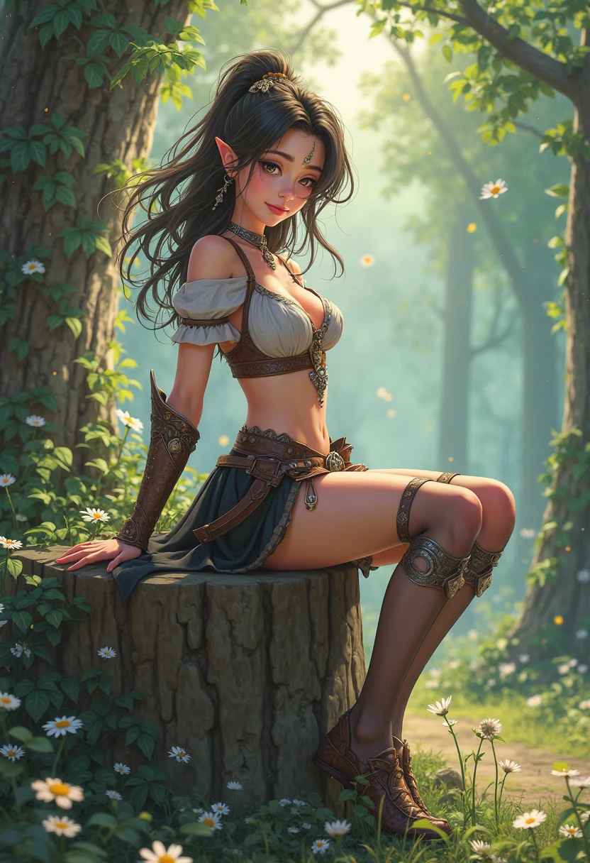 A forest druid, 1 girl, brown hair, medieval fantasy, D&d, RPG, ultra realistic, ultra detailed, best quality, 8k, wallpaper, sitting, front, open legs, short skirt, green skirt, tiny panties, tight panties, white panties, panty view, upskirt, cameltoe, pantyshot, RAW,