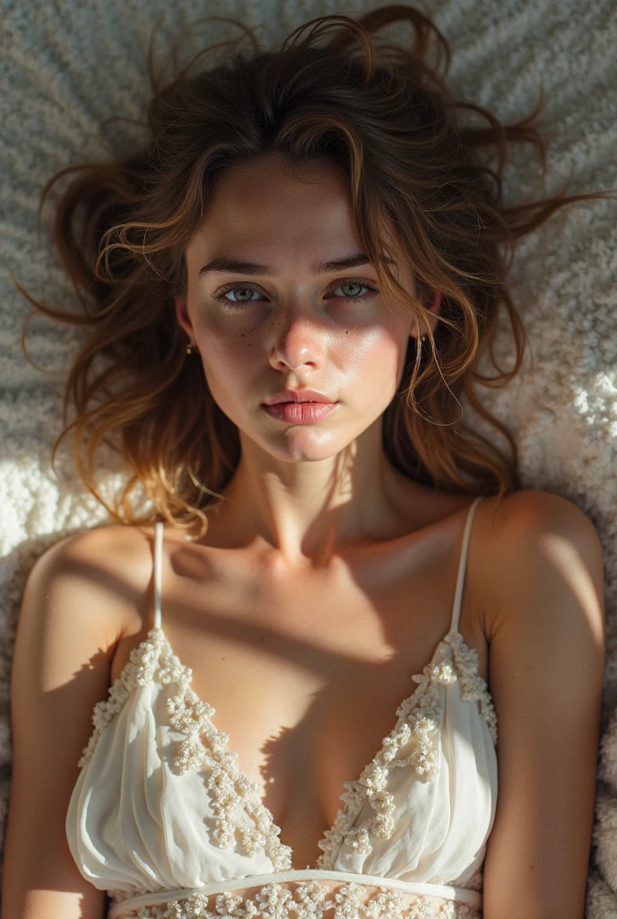 Beautiful 18 year old woman、Comb your messy hair after waking up、Fair and translucent skin、Lingerie、Short Hair、 Detailed Description、from the front、