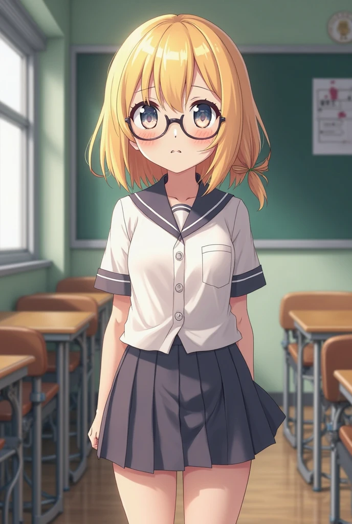 Mahiru shiina, , blonde, (Yellow Eyes:1.3)、Half Bob Hair,,blush,smile,Daytime、at school、School classroom、Captivating thighs、Beautiful bare legs, Short-sleeved sailor uniform、very cute、Wear a miniskirt、wearing cute glasses
(masterpiece:1.2), highest quality, High resolution, unity 8k wallpaper, (shape:0.8), (Beautiful and beautiful eyes:1.6), Highly detailed face, Perfect lighting, Extremely detailed CG, (Perfect hands, Perfect Anatomy),