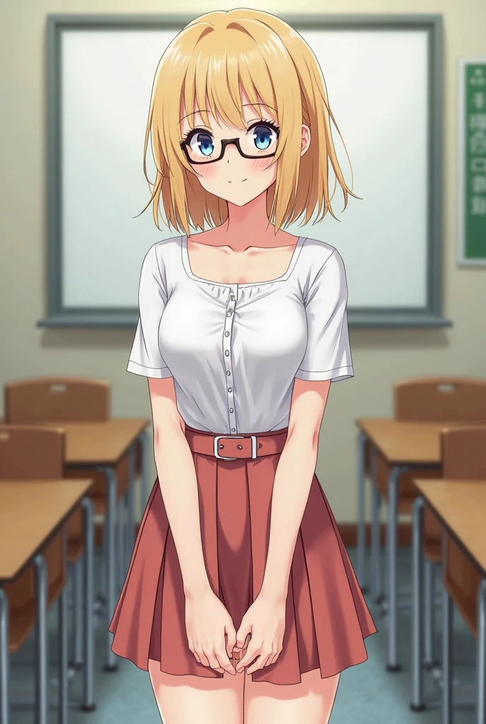 Hentai、Blonde short-haired coworker, with glasses, wearing a white sweater, british, pov, under a desk
