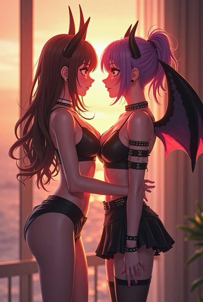 Highest quality,Highest Resolution,(((A beautiful girl with blue eyes, black hair and white angel wings on her back in a maid leotard)))and(((A beautiful girl with red eyes, purple hair, and black angel wings on her back in a gothic lolita leotard)))are kissing in a face-to-face sitting position,saliva,(((Halo))),smile,Frills,Knee-high stockings,Camera angle from a distance,