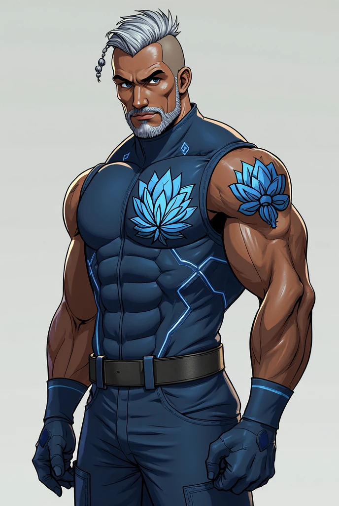 ((arte estilo anime)), personagem extremamente musculoso, corpo de bodybuilder, personagem tem uma pele escura, cabelo preto com um moicano branco, The character is wearing green pants, armadura espacial, imagem frontal de um personagem musculoso, protagonista de anime, personagem heroico e poderoso.