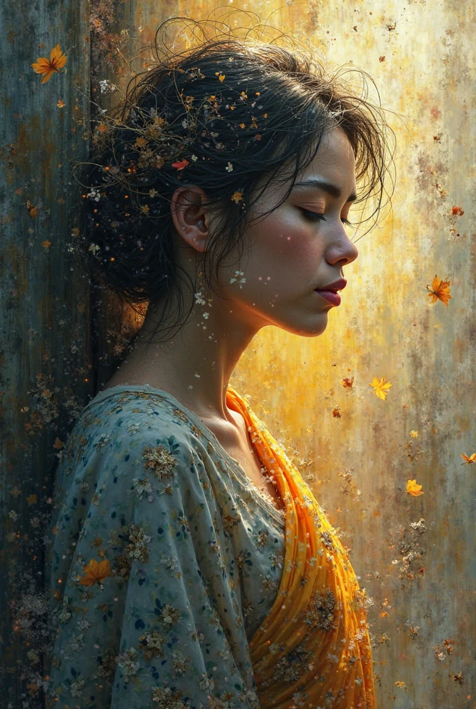 A captivating impressionist oil painting depicting the sun with a woman's face, gracefully preening itself by the tranquil waters of a lake. The Sun's face appears to be made of soft, wispy strokes of paint, blending seamlessly into the sky. The woman's reflection in the still lake water mirrors her actions, adding a surreal dimension to the scene. The overall atmosphere is serene and dreamy, with a delicate balance of colors and textures.