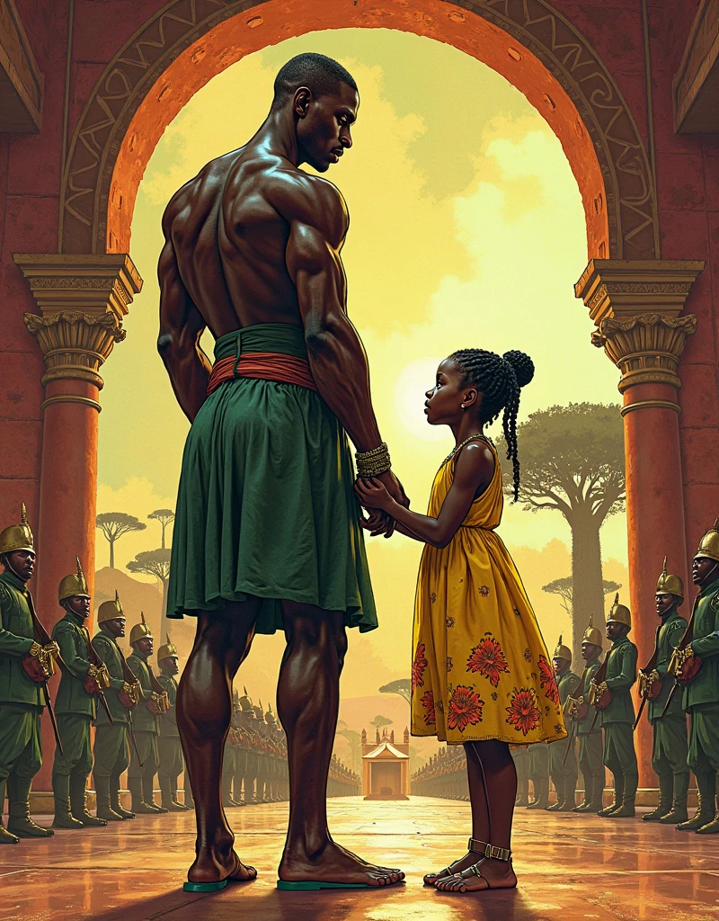 Very huge muscle female ancient egytpian warrior protecting a kid, with adoring look, extremely tanned, dark skinned, huge pecs, oiled skin, sunny, ancient egypt, pyramid on the background