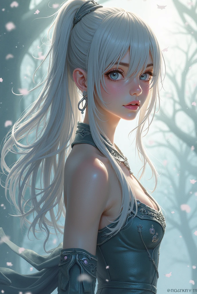 A girl with platinum blonde hair wearing a short white and black dress.,White skin, with a necklace containing magical energy around her neck and a green spider lily tattoo on the back of her left hand., Jet black eyes
