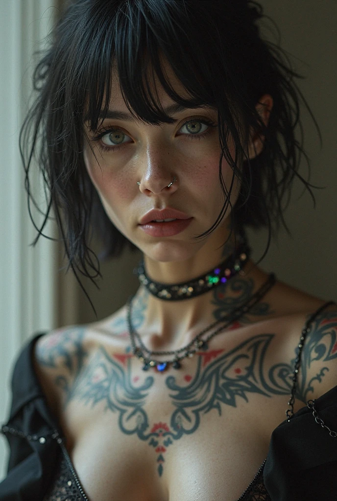 25 year old girl with Spanish features, pale white skin, blue eyes
Short punk and emo style hair
Gothic makeup,
Black left arm 
With the left arm completely black,tattoos on the chest