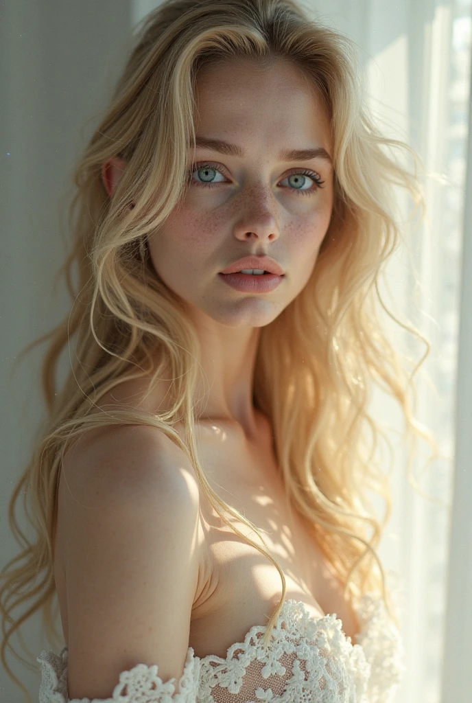 1girl in, teenager, Solo, Aesthetic artwork, blond, straight blonde hair, waist length hair, light blue eyes, small freckles, pale skin, breasts, runners body, (thin hips, thin waist: 1.1), detailed skin, slight smile, beautiful face, stretched out in the pale afternoon sun, 24mm, 4k textures, soft cinematic light, RAW photo, photorealism, photorealistic, intricate, elegant, highly detailed, sharp focus, ((((cinematic look)))), soothing tones, insane details, intricate details, hyperdetailed, low contrast, soft cinematic light, dim colors, exposure blend, hdr, faded