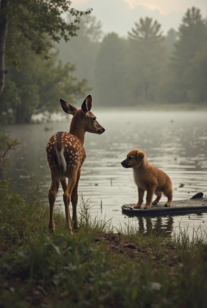 Autumn scene,A child playing with a sika deer,The graphics are childlike and funny,Manhwa Style
