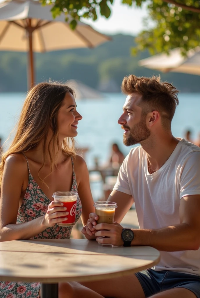 A beautiful Frau, 25 years old, sits next to a man, 45 years old, on the terrace of a hotel, enjoying cocktails as they gaze into the sunrise over the Mediterranean Sea. This romantic scene is captured in high resolution, the details of their faces intricately depicted, the sunlight dancing off the water, creating a masterpiece worthy of an epic Hollywood film. The woman's brown hair cascades down her shoulders, framing her slender face with its bright, cheerful expression and full lips. The man's graying hair is styled sleekly back, his gaze fixed on the horizon as he sips his drink. The shallow depth of field emphasizes the romance between