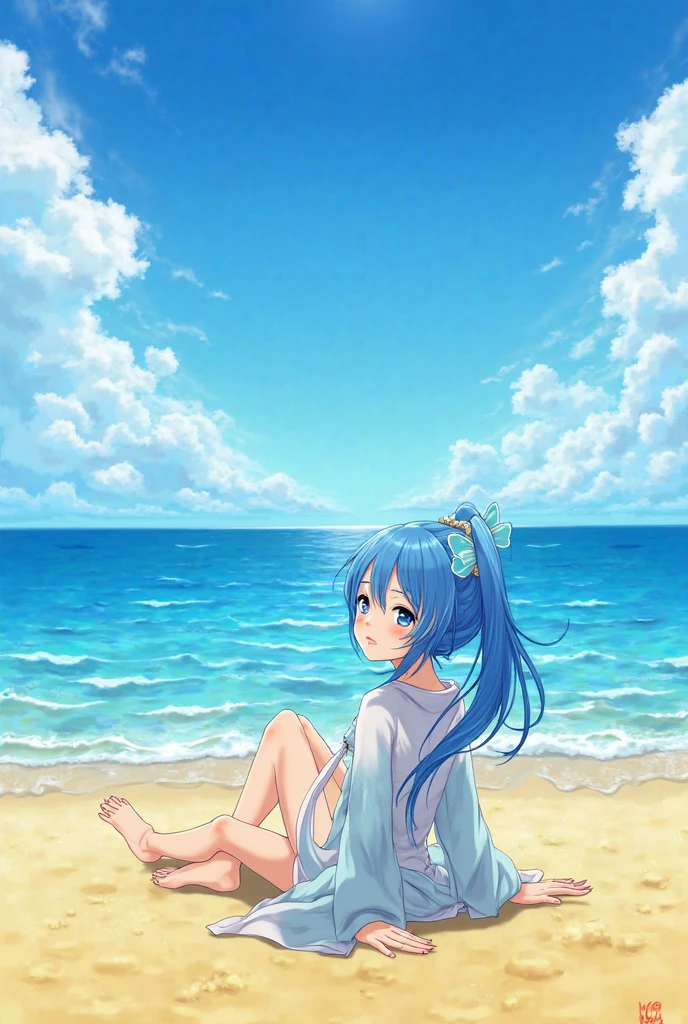 absurdity, high resolution, (official art, beautiful and aesthetic: 1.2), sparkling sky, vast world,((1 girl)), staring, awe-inspiring expression, distant horizon, clouds, natural beauty, inspiration, light effect, wide shot, from afar,beautiful woman, (masterpiece), (high resolution 8K), professional illustration, 1 girl, late teenage, walking, long shot, from behind, , short sleeve shirt, hat, long hair, blue hair, smile, looking up, on the beach, blue sky, daytime, in summer, natural lighting, detailed body, detailed skin