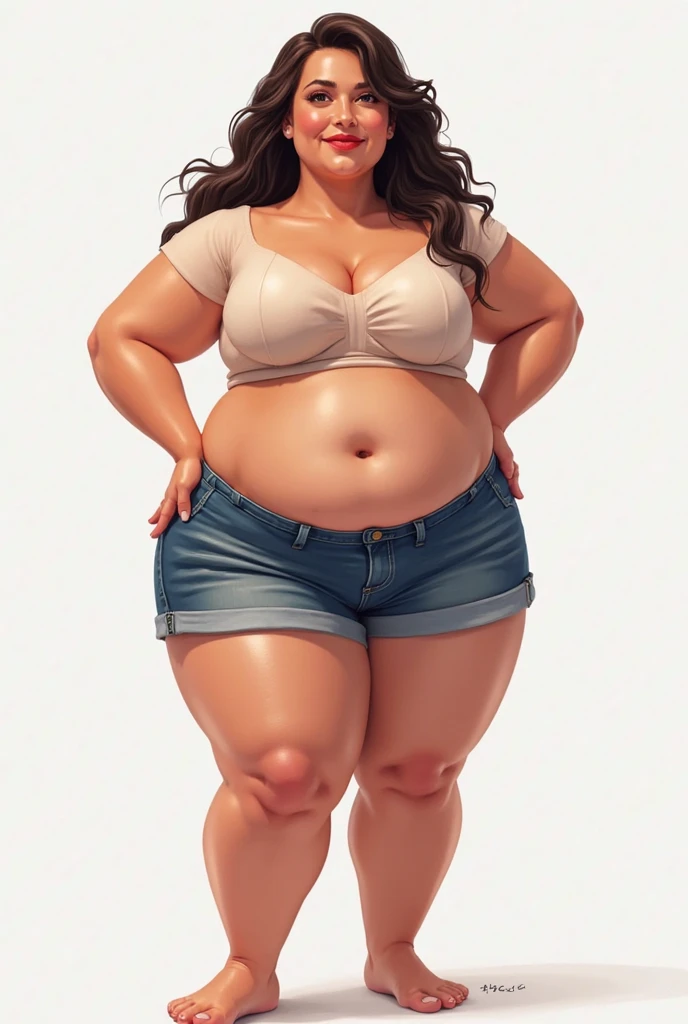 Around 50, wearing a white top and blue pants, taking a photo, thickボディ, surreal full body figure, thick, beautiful thick woman, sensual body, photorealistic perfect body, She has a plump, round belly, curvy model, Perfect body with realistic shading, curved body, curved hourglass illustration, beautiful curvy female, sensual figure