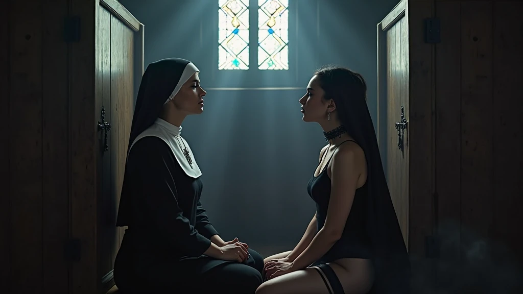 Two sexy nuns in Gauze kiss in a huge gothic library at night during a thunderstorm.