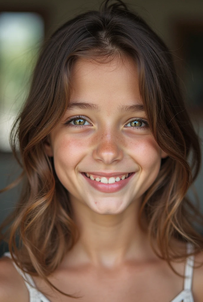 Create an image of a 19-year-old European girl. She has a cute and youthful appearance with a fresh, natural look. Her face radiates innocence and charm, with bright eyes and a warm smile. She has soft, wavy hair that frames her face beautifully. The background should be light and airy, enhancing her delicate features and overall sweetness.