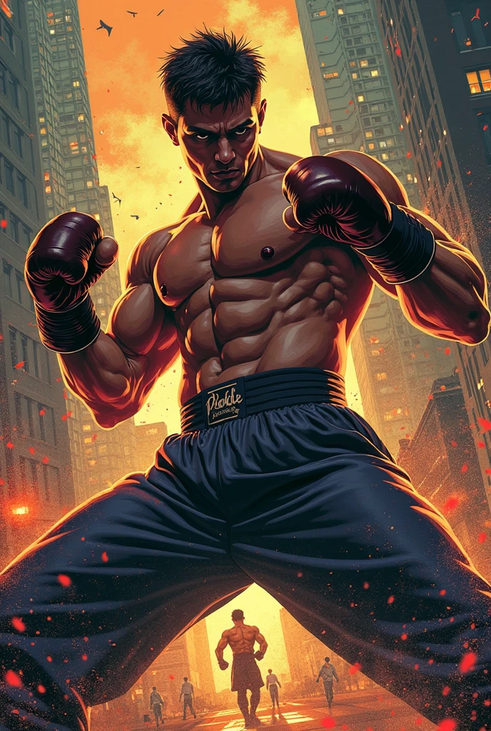 Black man boxer, wearing blue closed vest and blue box shorts, red box gloves, stylish cut hair, pose of fights in las vegas