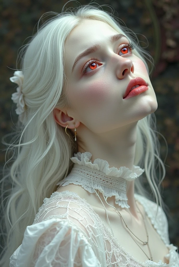 Generate me a woman, red eyes with a slit as a pupil, white hair, ethereal appearance, a sad look in her face, best if she is looking up but you can still see her eye details, dressed in a white pure dress which renaissance inspired accents, she is supposed to look pure and almost like an oil painting, make her look drawn like a painting, slightly blurry and ethreal