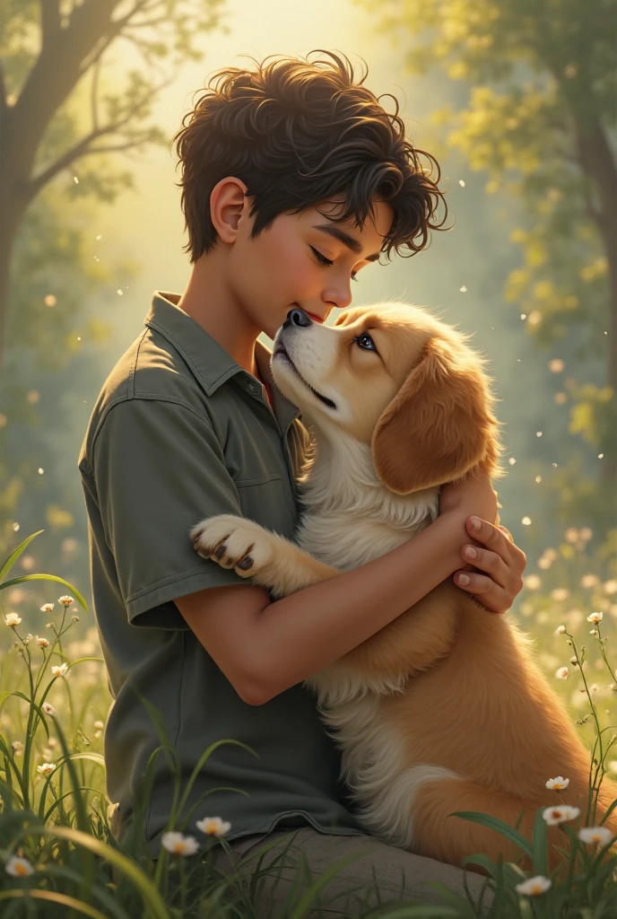 a lonely boy and his dog in a sunny field, detailed facial features, golden hour lighting, soft focus, 4k, 50mm lens, close-up shot, natural lighting, photorealistic, masterpiece, ultra-detailed, realistic, photo-realistic, extremely detailed, vivid colors, cinematic, dramatic, emotional