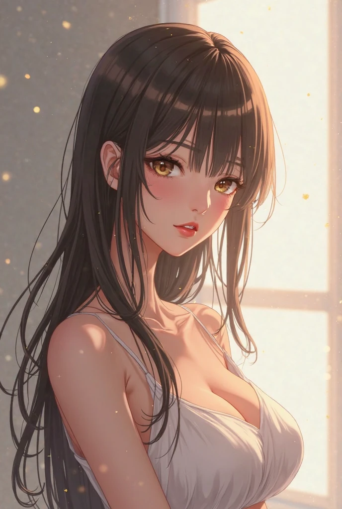 Long hair, blush, , black hair, hair ornament, Closed mouth, earrings, tender, big breasts, earrings de cristal, highly strung, anime style, with school locker background