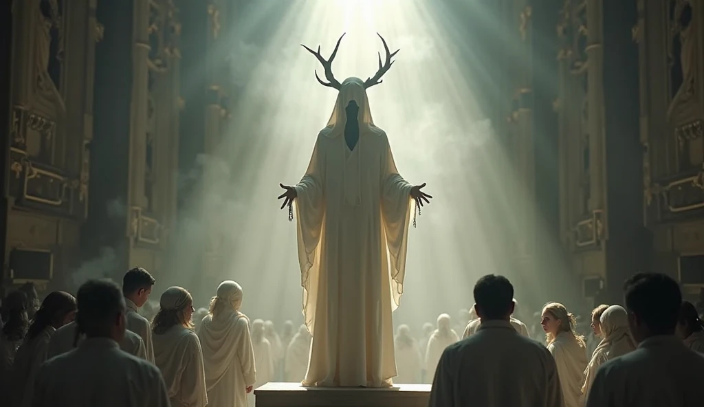 A demon dressed in white acting as conductor of an orchestra 