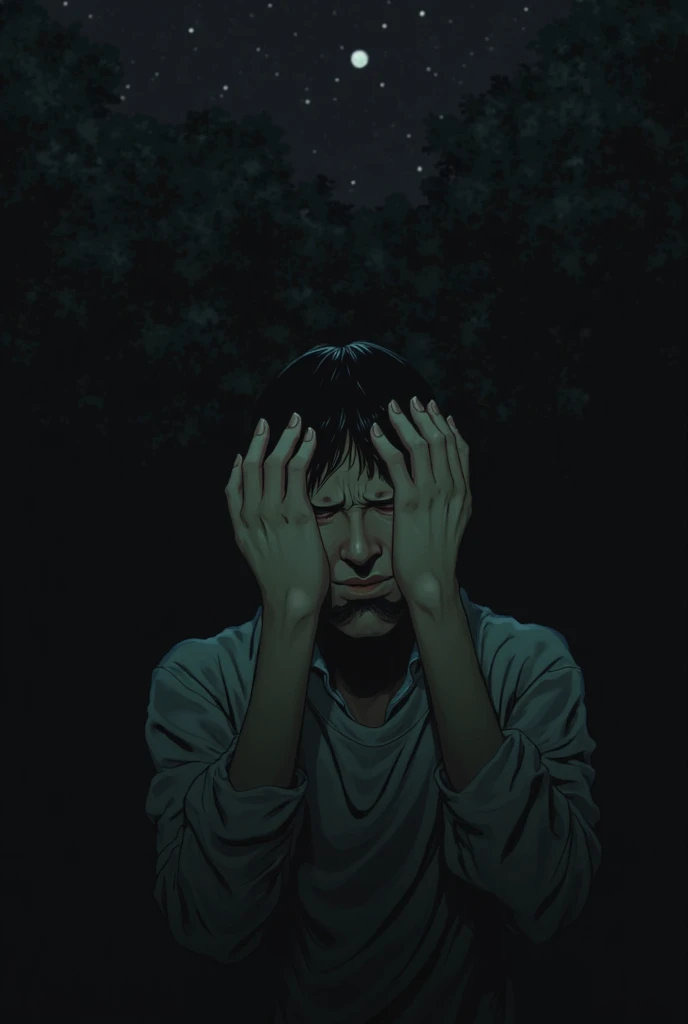 Man of 26, in a gray jacket with red details with his hand on his face crouched amid a dark black background 