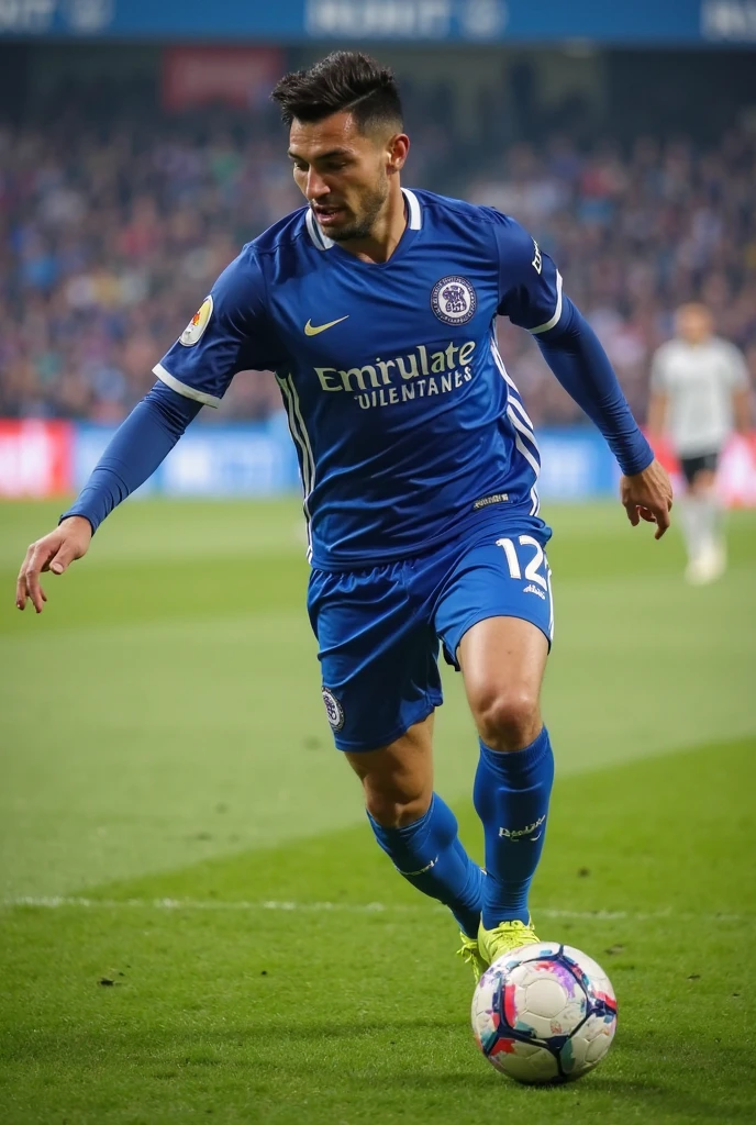 man soccer player, that has a primary blue uniform with secondary yellow. the very elegant uniform. with elegant designs, not common, that has elegant sublimations, and most importantly, long sleeve and blue socks