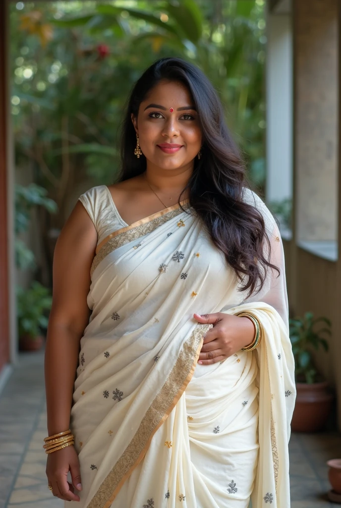 Day scene, A radiant, full-figured South Indian 3 aunty a white colour chiffon fully transparent kurta ,standing, in a office captured in a full-body image with vibrant hues and meticulous details. Full body image