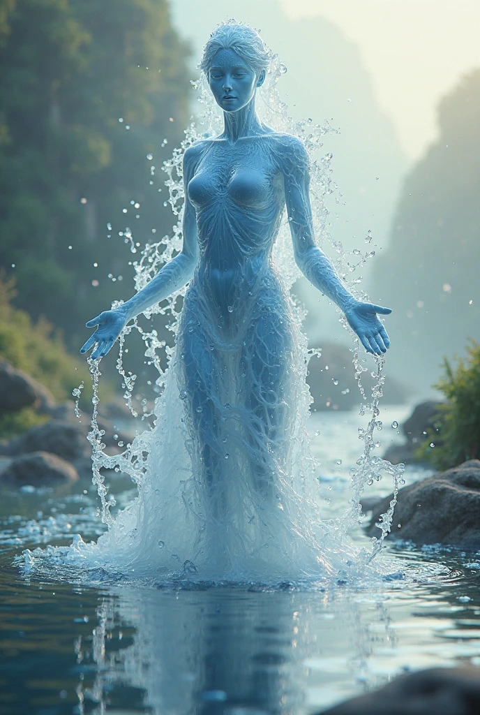 A human like figure made of water dancing on a pot, forest rain background