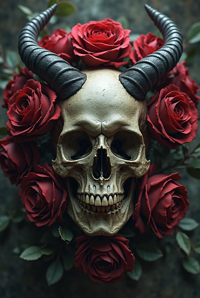 Skull surrounded by roses and snakes with horns and large vampire fangs in their teeth
