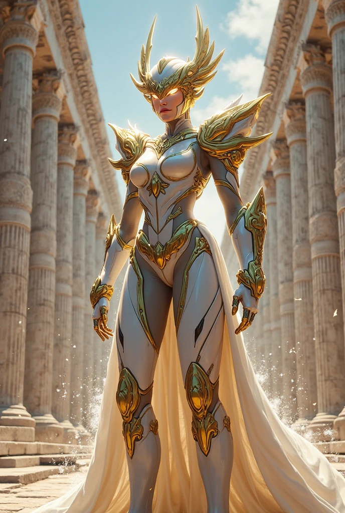 Solo Female:
Body:
Tall and slim with an hourglass figure
Toned and muscular physique
Slender abs
Perfect anatomy
Attire:
White thigh-high lingerie
Golden breastplate
Golden cape
Gold gauntlets
Gold crown
High heels (feet together)
Face:
Detailed with defined cheekbones and puffy lips
Shadowed eyes gazing at the viewer
Lustful, smirking smile with blushed red cheeks
Overall:
Masterpiece depiction