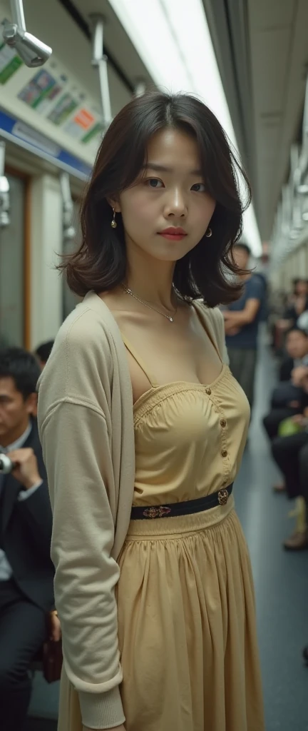 (32K:1.9, Highest quality, masterpiece, Ultra-high resolution, Professional low-angle camerawork:1.5, Very detailedな肌と顔の質感:1.4), Always accurate, Very detailed, Bag, (((crowded train:2.0, Multiple Hand Representations:2.2, Several men touched parts of her body.:2.5))), ((A short Japanese woman of 25 years old, Big breasts on the verge of collapse:1.2, Camisole dress and cardigan:1.5, Incredibly slim body:1.3, areola is not visible)), belt, Fair skin, elegant, sense of cleanliness, Thin eyebrows, (Big eyes that exude beautiful eroticism:0.4, Embarrassed smile:1.0, I despise you from the bottom of my heart:0.8, Open your mouth a little, lipstick, Feel the beautiful eroticism:0.9, Dark brown medium hair), Earrings, necklace, bracelet, romantic, mysterious, Object of admiration, original, dramatic, artistic, Innovative, charm, Heartful, Fancy, Tilt, sense of loss, special, ((exciting, Extreme, sense of openness, suffering, sufferingの表現)), (((Mistakes made due to youth, 女性的なcharm)))