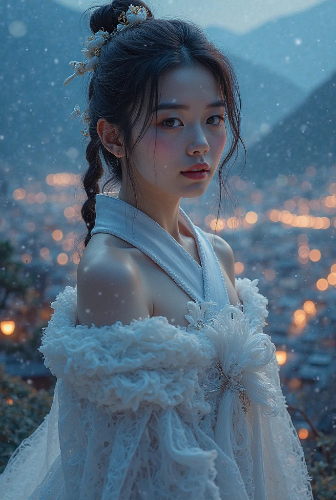 logo、masterpiece、8K、Tabletop、RAW Photos、wonderful、最high quality、フォトGenuineでVery detailedなCG統合8K壁紙、high quality、Very detailed、Narrative poem、Particle Effects、Dynamic Effects、Character border depth、Cinematic Light、Lens flare、Ray Tracing、Tabletop、Genuine、Ultra-high resolution、Fantasy、night、Wind、darkness、雪とFrost、Frozen Winter Day、Snow Capped Mountainや森、Frost、Snow Capped Mountain々、Frostに覆われた木々The beauty and brilliance of、A tranquil and beautiful grassland in a world of ice and snow、Vast land、Lakeside、wonderful景色、美しい自然のWind景、night空、Wind、cherry blossoms、cherry blossoms花びら舞っている、cherry blossoms吹雪、Falling petals