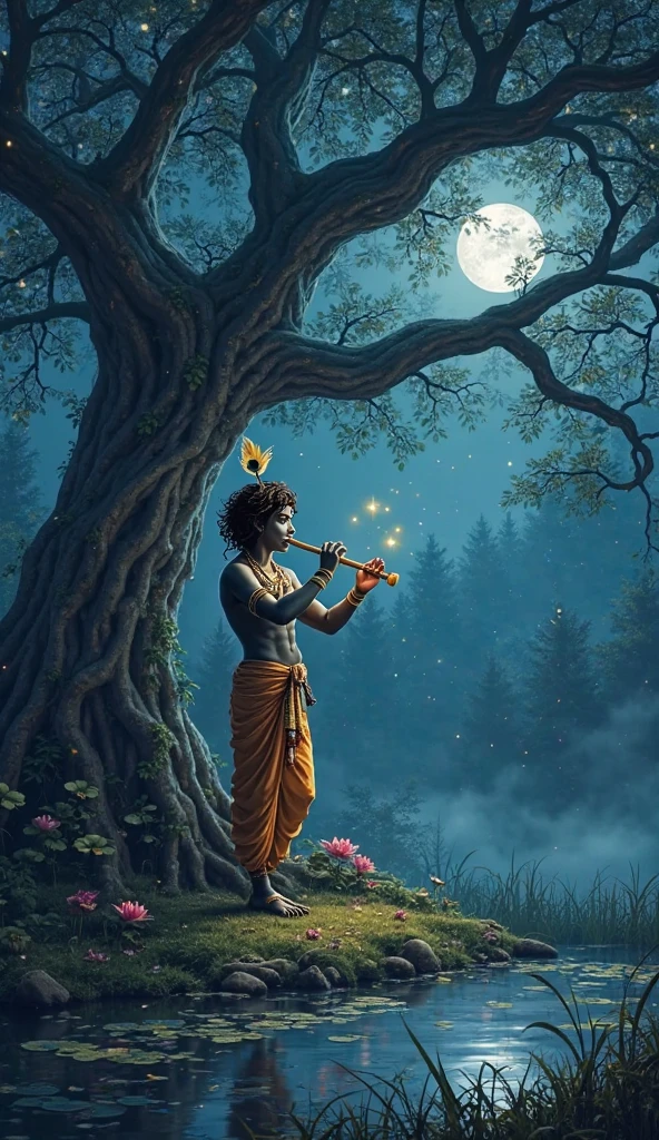 Create a scene of Lord Krishna playing his flute in a moonlit grove. Let the gentle moonbeams illuminate his form, while the melodious tunes stir your emotions. The atmosphere should carry the resonance of his divine melody."