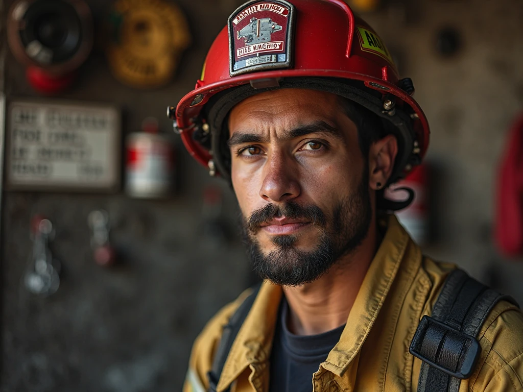 «»A photorealistic image of a professional model portraying a firefighter. El bombero lleva un traje sucio de bomberos, with soot and grime evident from the intense firefighting action. The model smiles confidently, exuding a sense of determination and courage. El fondo es un entorno urbano, con toques de humo y fuego en la distancia para representar el entorno desafiante en el que opera el bombero. The image must be captured with a high-quality camera with a 70mm lens, Proporcionar una vista de plano medio del modelo. The lighting should be natural, con rayos de sol entrando por una ventana parcialmente oscurecida, Cast dynamic shadows on the model's face and costume. Resolution must be 4K, highlighting the fine details of the suit and the facial expression of the model. The overall style should be realistic and dramatic, Inspired by firefighting documentary photography and professional firefighting photojournalists. Artistic inspiration can be drawn from renowned photographers such as Joe McNally and Steve McCurry.. The message should emphasize the importance of model expression and the gritty realism of firefighting...»»