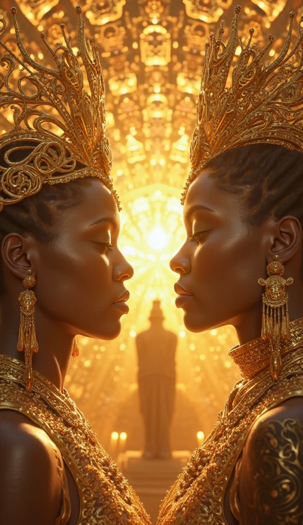 (Epic movie (palace) scene), ((Egyptian Gold)), Hyperealistic detailed photography, michaelangelo, artgerm and rutkowski, mcfarlane, jim lee, (((nubian))), (((dark skin))), ((thicc)), (((long woven dreadlocks))), (((laughing))), hyperfuturistic clothing, (gold, ankara style), masterpiece, (((mesh))), unique style, fashion sense, striking outfit, (((accessories))), bracelet, chain necklace, choker, earrings, every detail expertly rendered, texture and fabric accurately depicted, rendered in a highly detailed and photorealistic style Masterpiece, detailed background,