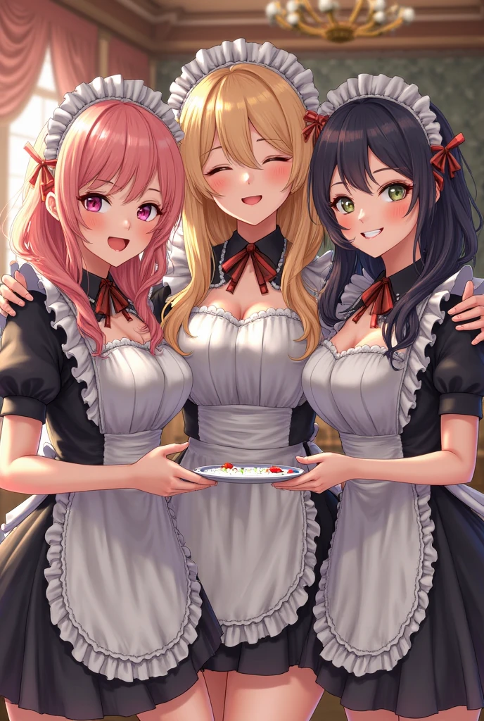 Meisterwerk, (realistisch), high-res, hochdetailliert, kompliziert, Beautiful women, rote Haare, blaue Augen, Sommersprossen, detailliertes Gesicht, maid outfit, looking at viewer, showing boobs, smile, huge boobs, in Cafe, serving you, lehnen