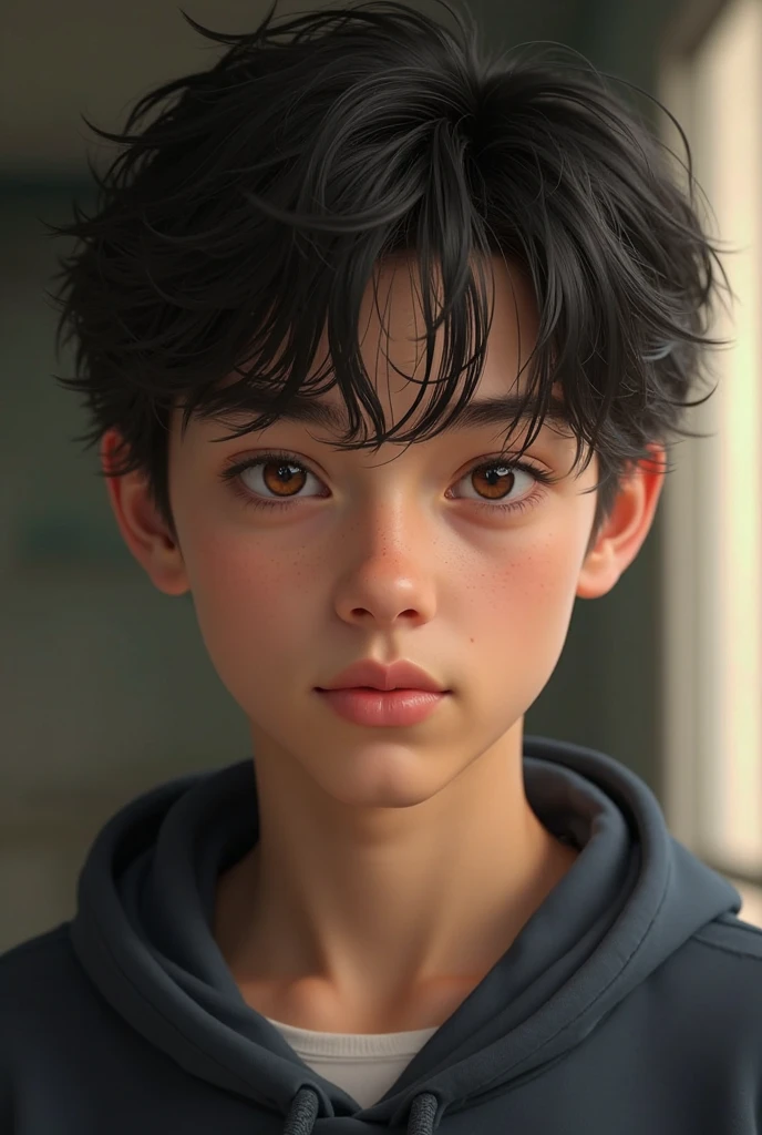 His black hair was messy, had dark brown eyes. He was fifteen years old,