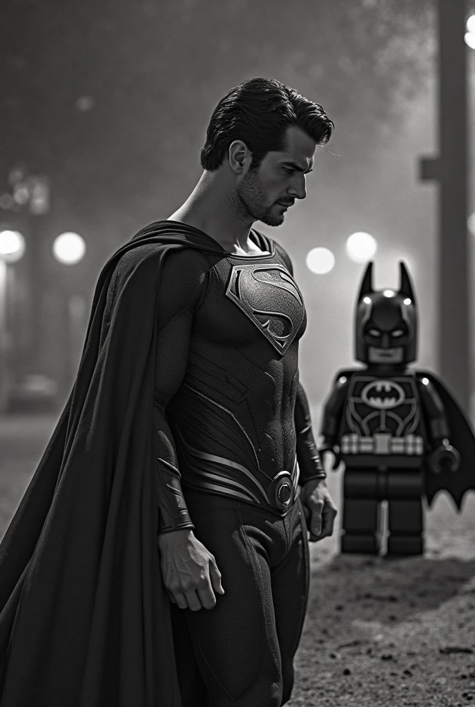 A dark screen but you can see in the reflection of a car a wounded superhero in a black suit and with a white S on his chest and this one with his husband and his baby in a destroyed futuristic city. 