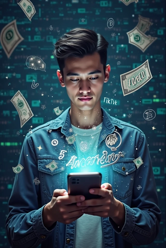 A boy standing and crouching with a jacket in his left hand that has money in dollars and a phone in his right hand and in the middle of his jacket that says marcoHrt