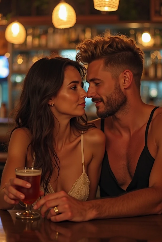 ((masterpiece)) ((details)) couple, in love, 1woman, very long blonde hair, wearing cocktail dress, 1man, tall, muscular, handsome, dark hair, wearing casual linen suit, cuddling at an Italian restaurant