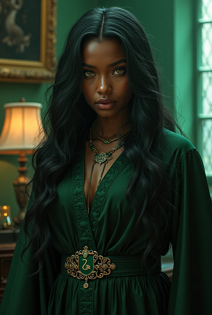 Girl about 25 years old, African american, The Forest Witch, big eyes, with long hair, ethnic tattoos, a little bit sad, stands against the backdrop of a garden with roses, dressed in a green silk translucent dress with a deep neckline, Holding a lily in your hands. Evening, The light is on. gotik, Dark, Fine art painting, cinema, 8K