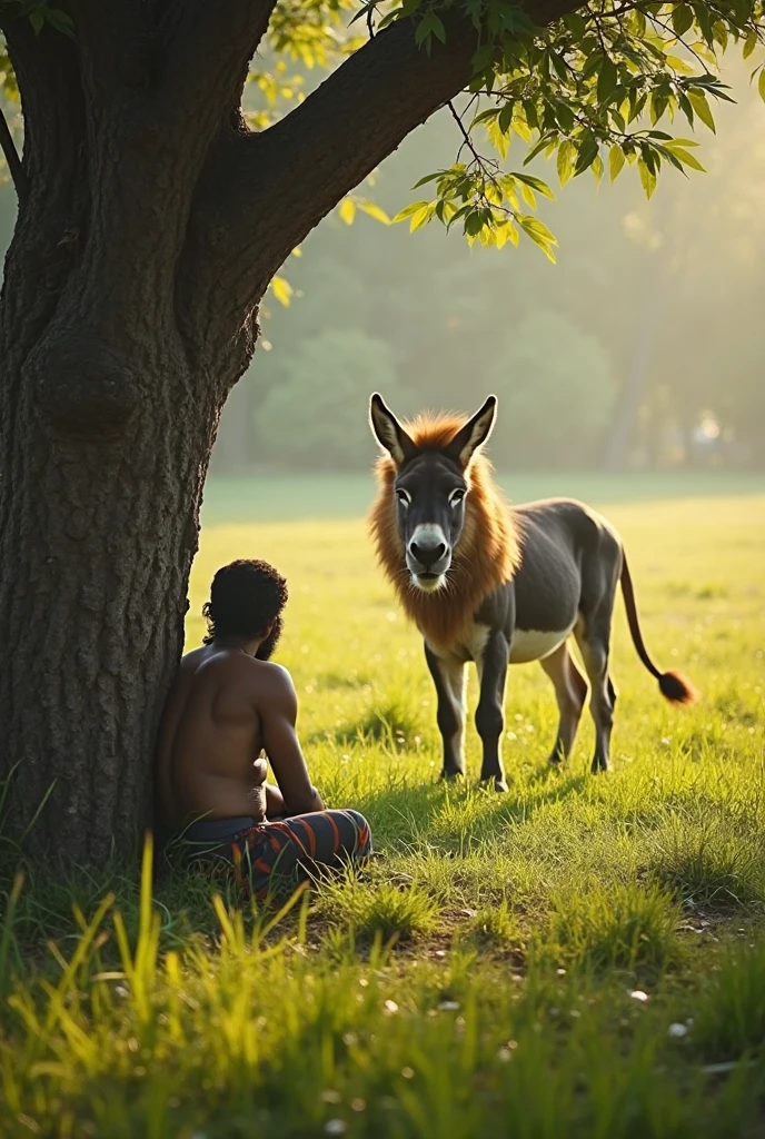 Scene 4: Jangli Sheer Ki Khaal
Jangal ka ek scene, jahan dhobi ek sheer ki khaal dekhta hai. he is thinking of a plan, there is a clever smile on his face. The donkey wears the skin of a lion