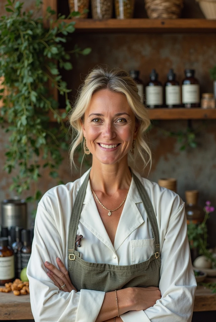 40 year old lady, Owner of a milk business, realistic photo