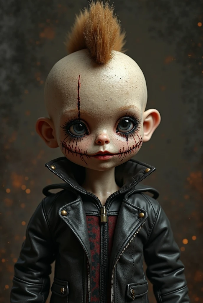 (best quality,4k,highres,masterpiece:1.2),cute chibi-style zombie doll,toy,plush,adorable,stitched body,dark theme,grotesque charm,Big and round eyes,and light grey skin,small fangs,playful expression,Bald head, tattered clothes,cute little limbs,mischievous posture,dark backgrounds,horror,unique character design,flashy colors, (gothic atmosphere), (moonlit background), (standing proudly), (mysterious smile), (sinister charm),(dark, moody lighting), (translucent skin), (subtle veins on the neck).