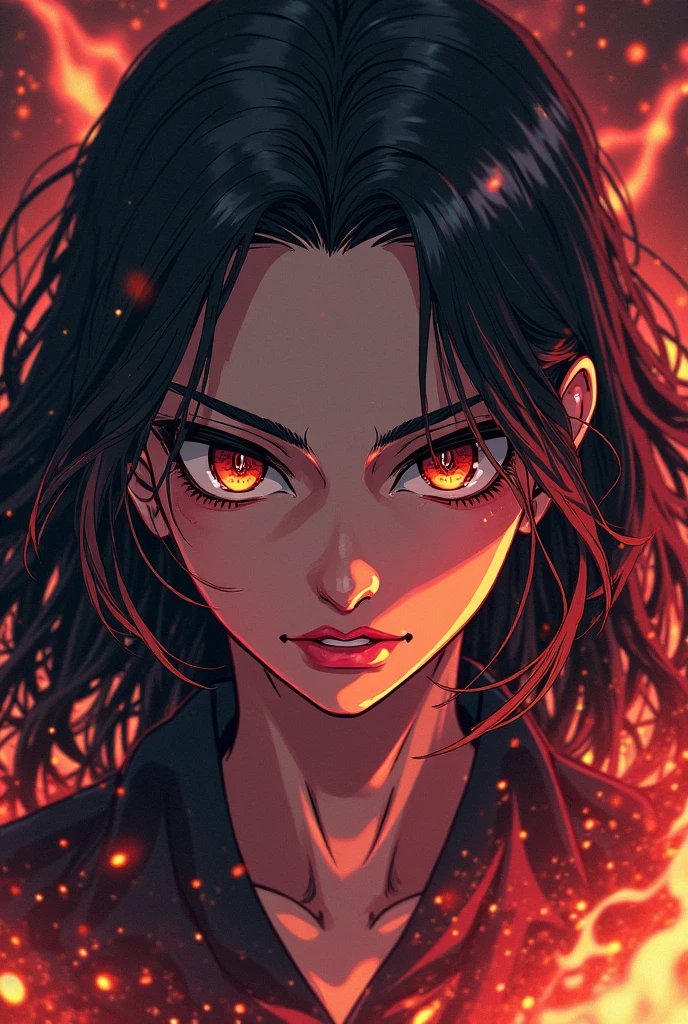 (masterpiece, top quality, best quality, official art, beautiful and aesthetic:1.2), (1girl:1.3), (fractal art:1.3), yoru, 1girl, long hair, black hair, red eyes(black ringed eyes), scar on face, ringed eyes, (pinafore dress, black belt, black ribbon), location: night city, luminous signs, upper-body, looks at the viewer, whilst puddles on the floor, (((dark night, stars in sky, buildings looking with brain signs))