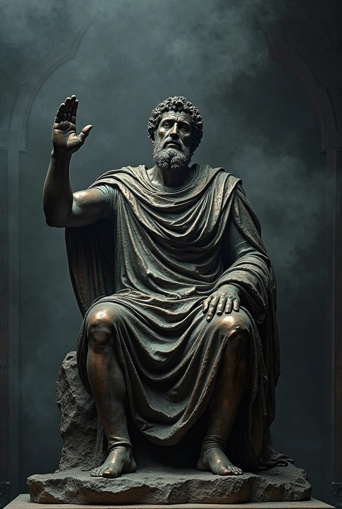 A background image with sober tones and Stoic symbols, such as a statue of Seneca with the name Stoic Virtues in an elegant, classic font