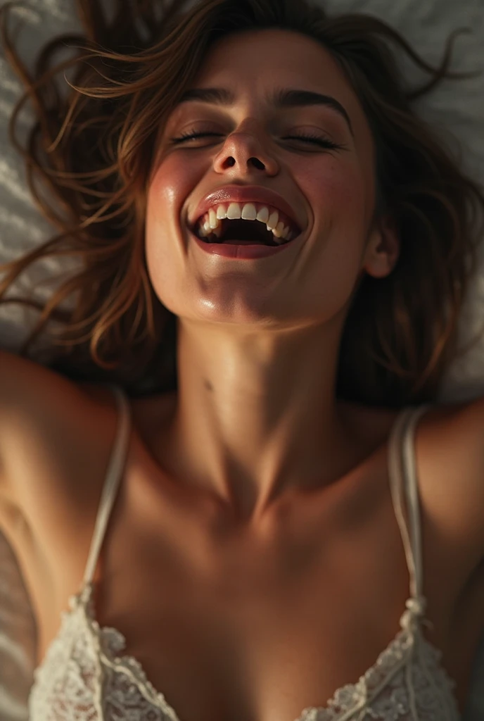 Generates the image of a girl in underwear lying on her bed touching her vagina, with a very excited face