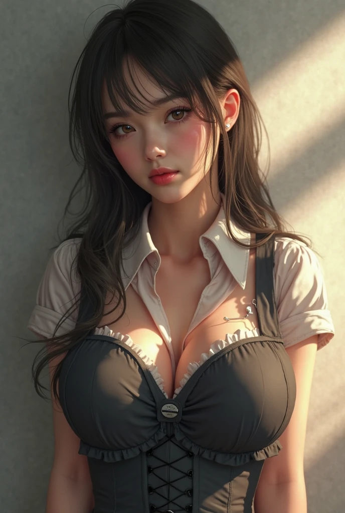 ( Female student standing in the classroom),Charming eyes,Heartwarming action,Turn your face away from the camera,stooped,Bend over,turn back,Look up at your head,thick and long black hair,Highly detailed body,Highly detailed face,best qualtiy、(P boobs iNK underwear),(High School Girls),((Off-the-shoulder白のブレザー、emblem on breasts))、(Off-the-shoulder(Translucent blouse)),,((navy check flare skirt)),(Black stockings)、((White lace underwear is visible))