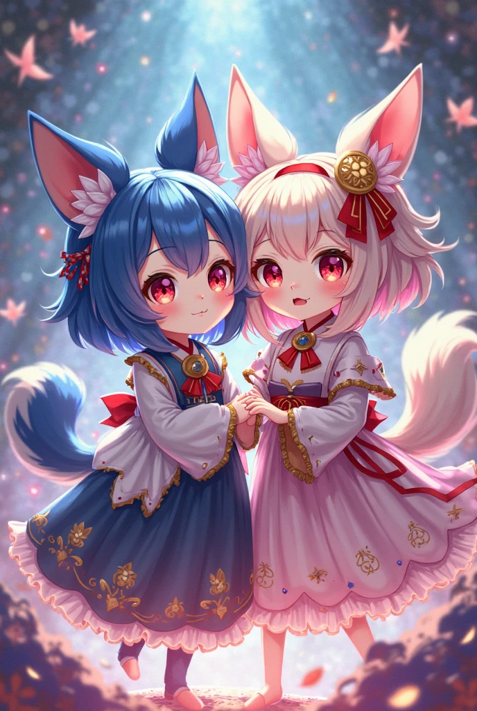 photoRealstic、Two dolls standing in front of the painting（nendroid）、A smile、Water droplets on the cheeks、In a cute pose、watercolor Nendoroid、(High Definition Figure)、Flowing iridescent silk、up of face、Eye Up、Komono、Kimono、There are also flowers in front of the nendroids、flower petals、season!!: 夏天☀ 🍂