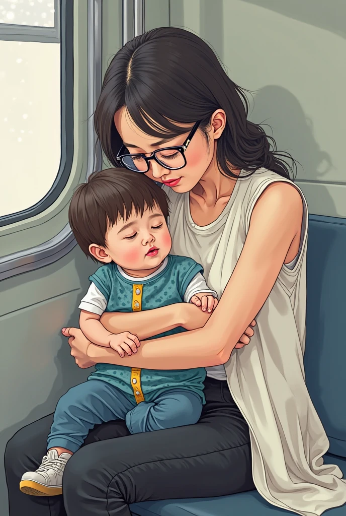 little boy sitting on his mom's lap using her phone, shorts, overall, inside of a bus, brown hair, blue eyes, blushed cheeks, photo realistic, ultra detailed, soft lights, night time ⌚, city, 1mom, 1boy, 1child, (best quality, masterpiece,)