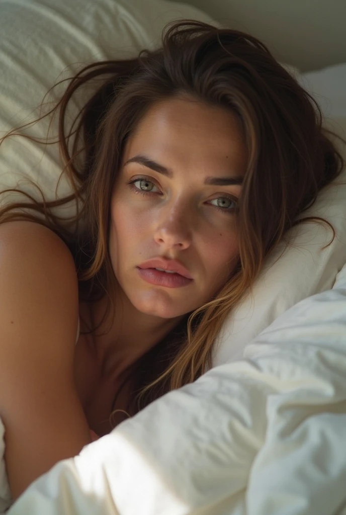 (photorealism:1.2), beautiful woman, lying in bed, top view, huge tits, hijab, angry face, mouth open, legs wide open, big boobs